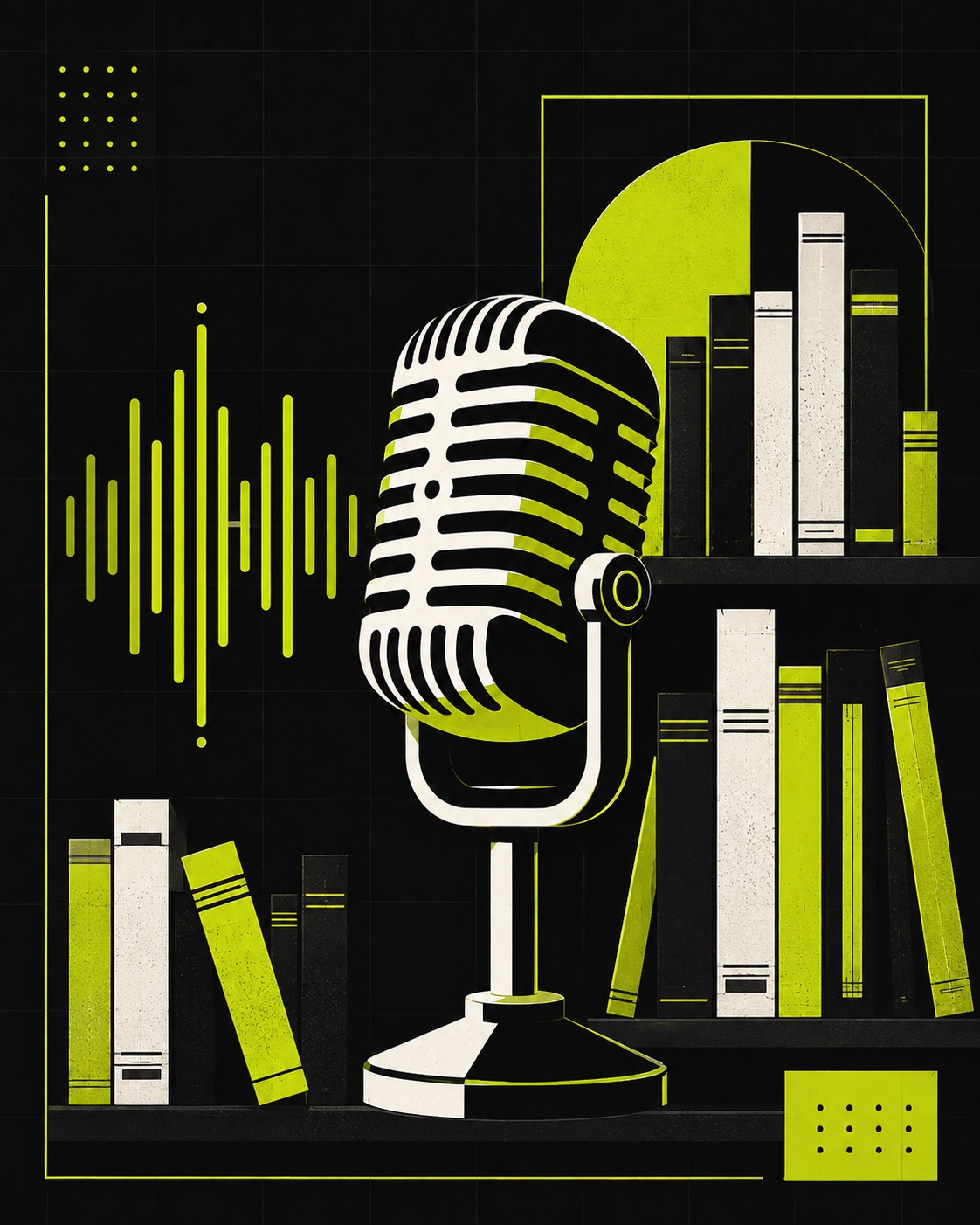 Illustrated microphone in front of a bookshelf, in Voices from the Shelf's black and acid-green brand colors